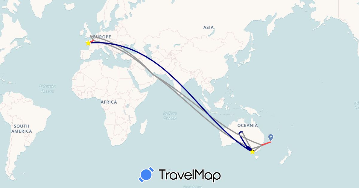 TravelMap itinerary: driving, plane, cycling, train, hiking in United Arab Emirates, Australia, France, United Kingdom (Asia, Europe, Oceania)